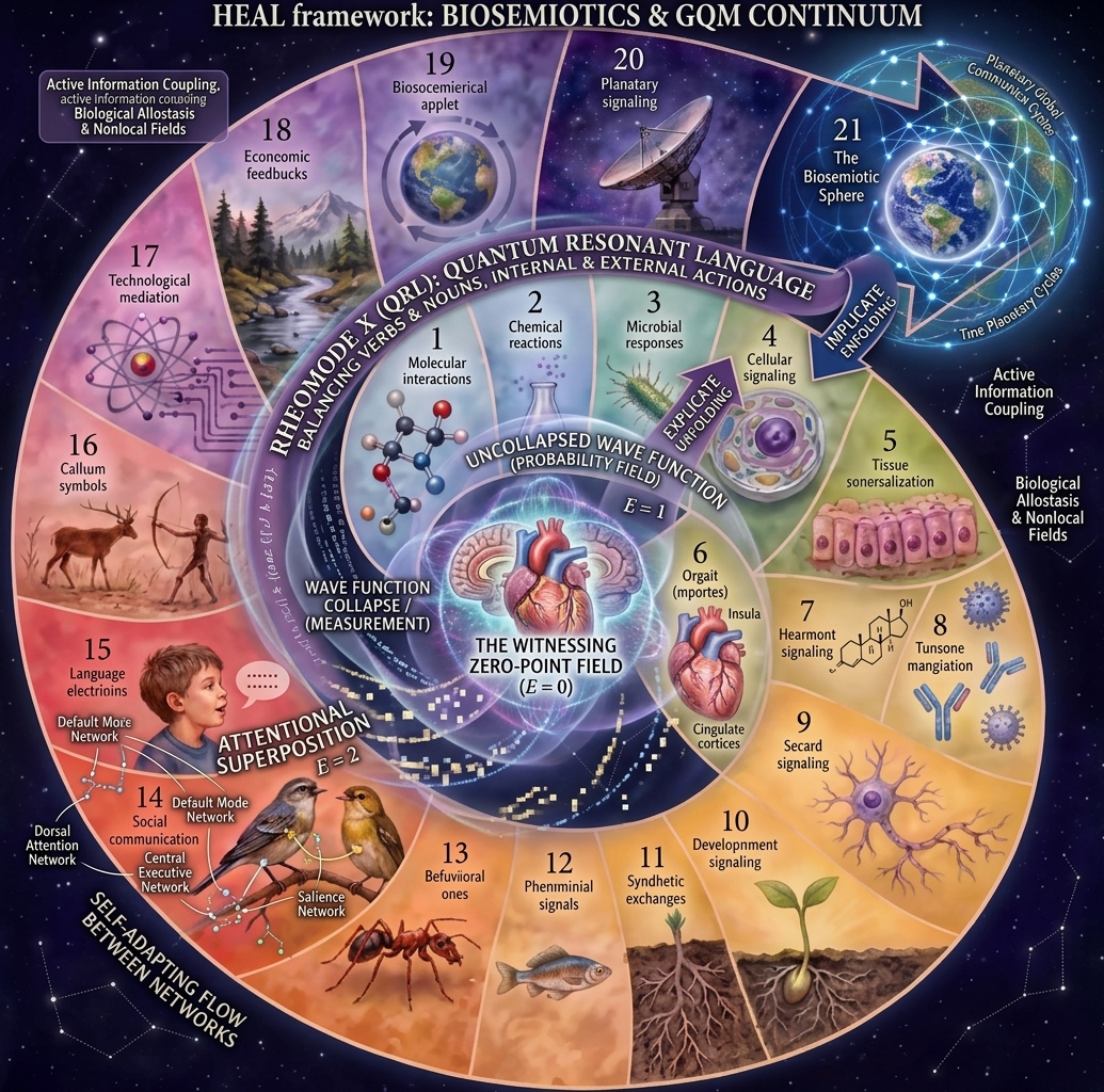 Diagrama circular del marco HEAL del continuo de biosemiótica y GQM, en espiral desde las interacciones moleculares hasta la esfera biosemiótica planetaria en torno a un campo de punto cero corazón-cerebro testigo