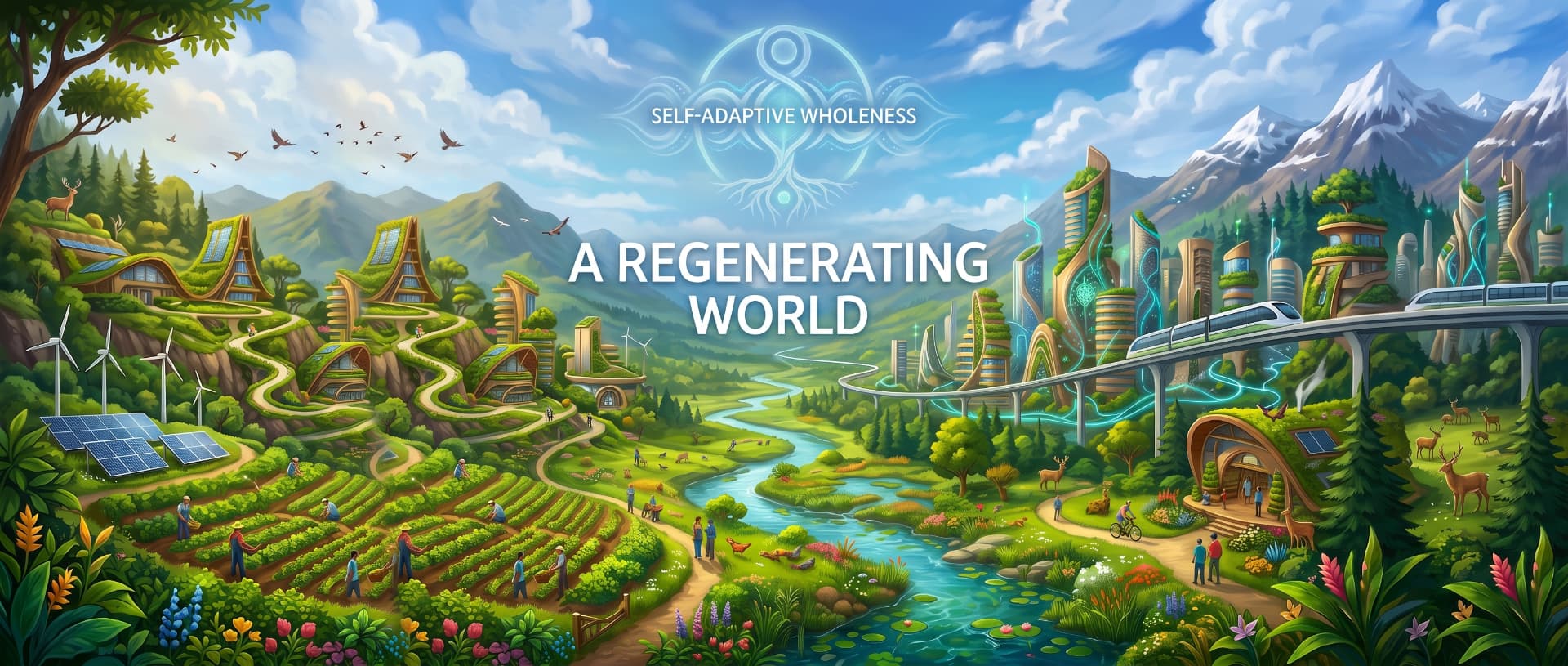Een regenererende solarpunk-vallei die groene architectuur, hernieuwbare energie en levendige natuur integreert onder een heldere hemel