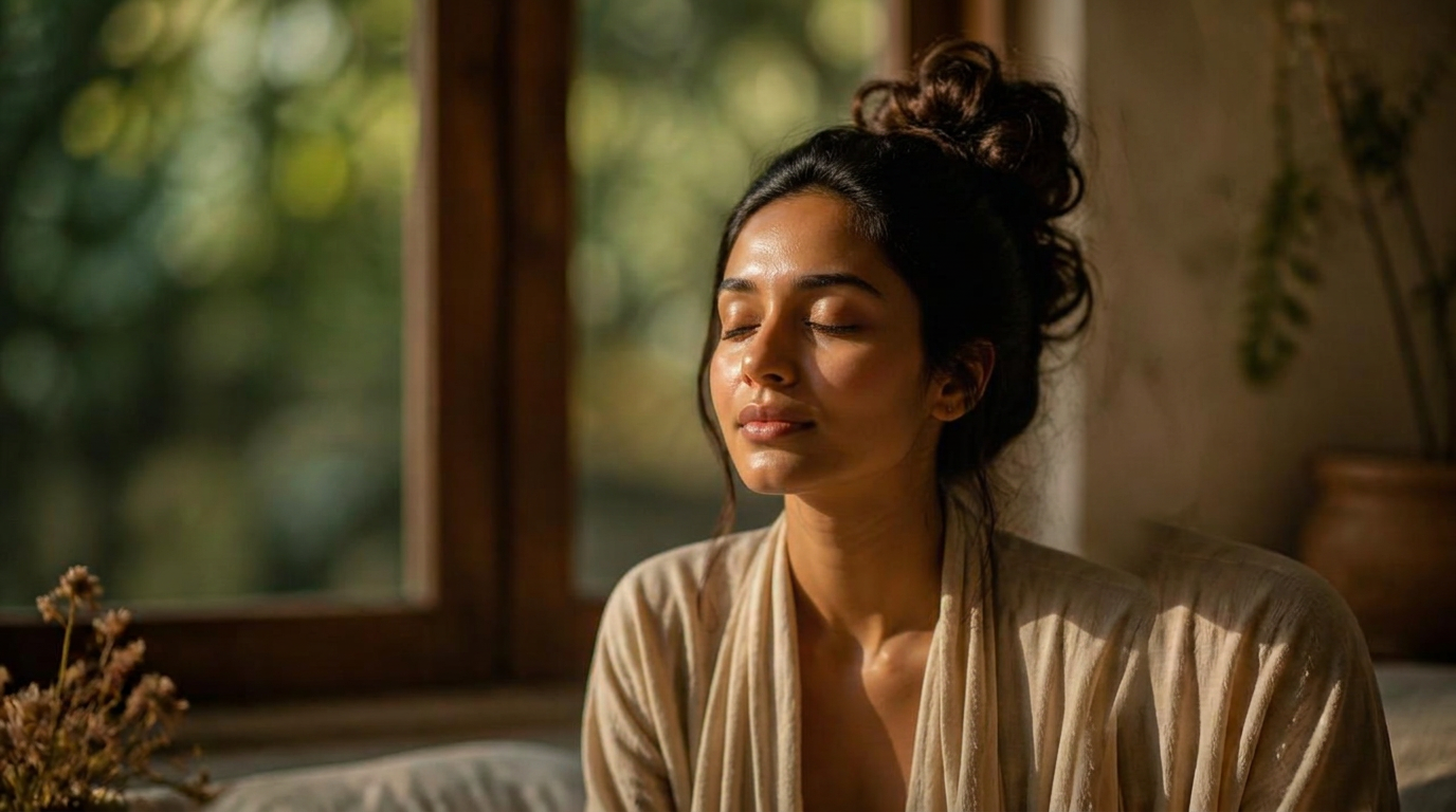 Una persona en profunda meditación, ojos entreabiertos en quietud contenta — el cuerpo como laboratorio vivo