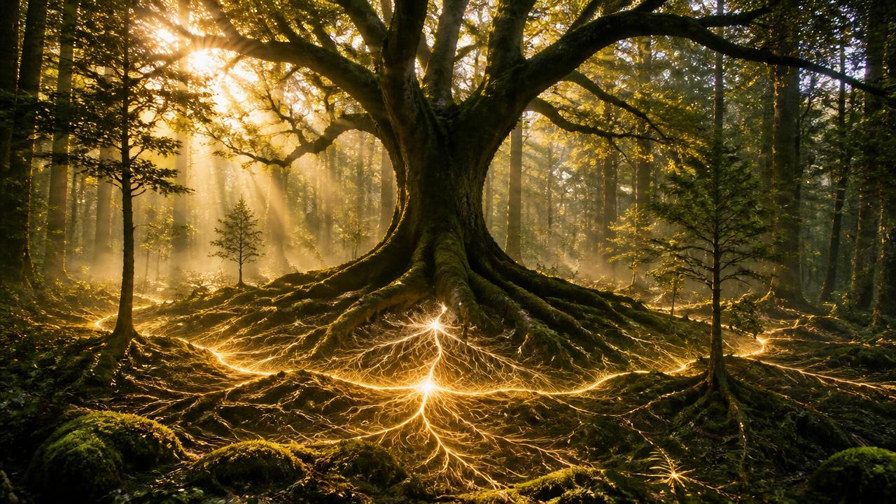 Un árbol madre conectado a los árboles circundantes a través de una red micelial luminosa