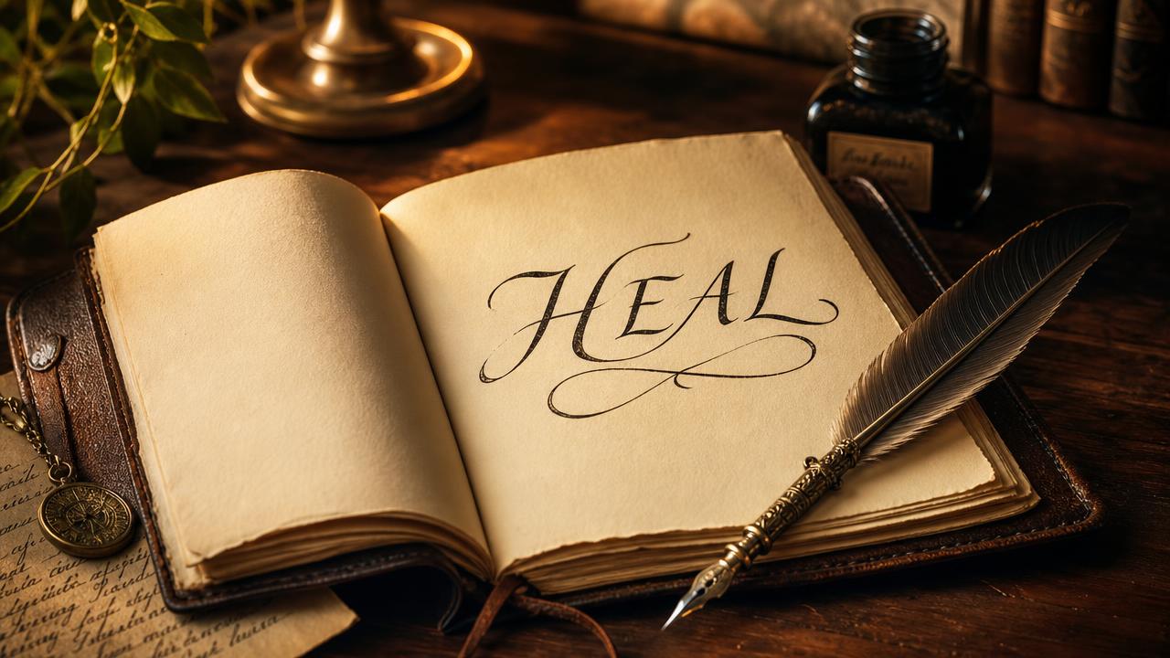 Um caderno aberto com a palavra HEAL escrita a tinta e uma pena de escrever ao lado