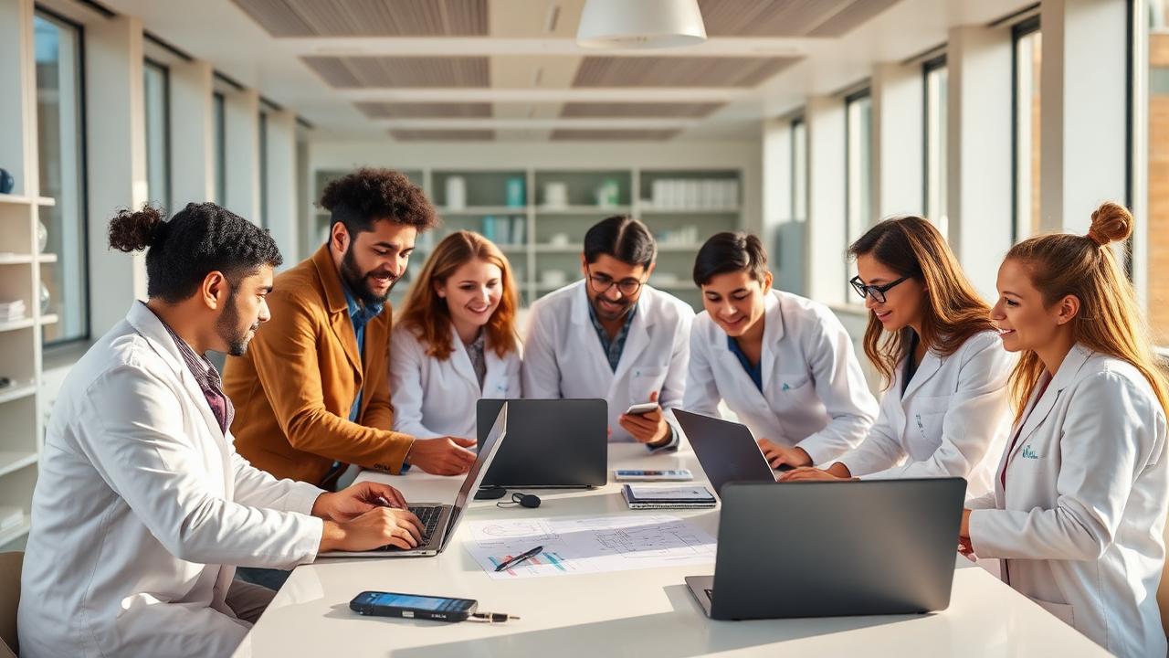 Investigadores diversos colaborando alrededor de una mesa luminosa