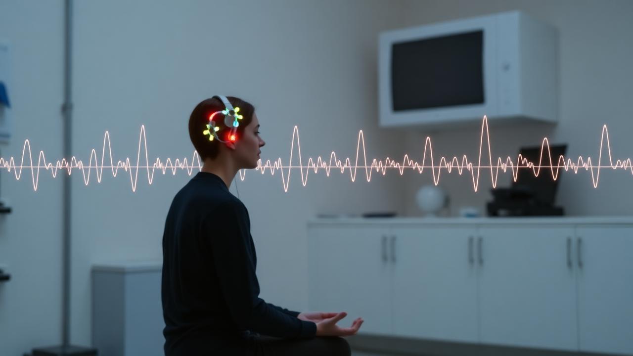 Uma pessoa em meditação silenciosa cercada por ondas de biofeedback