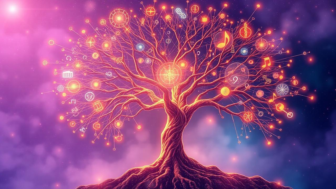 Un árbol luminoso cuyas ramas llevan símbolos de muchas disciplinas